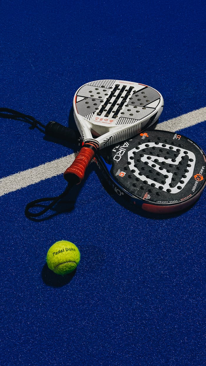 Pádel rackets and ball on blue textured court, highlighting equipment for the sport.